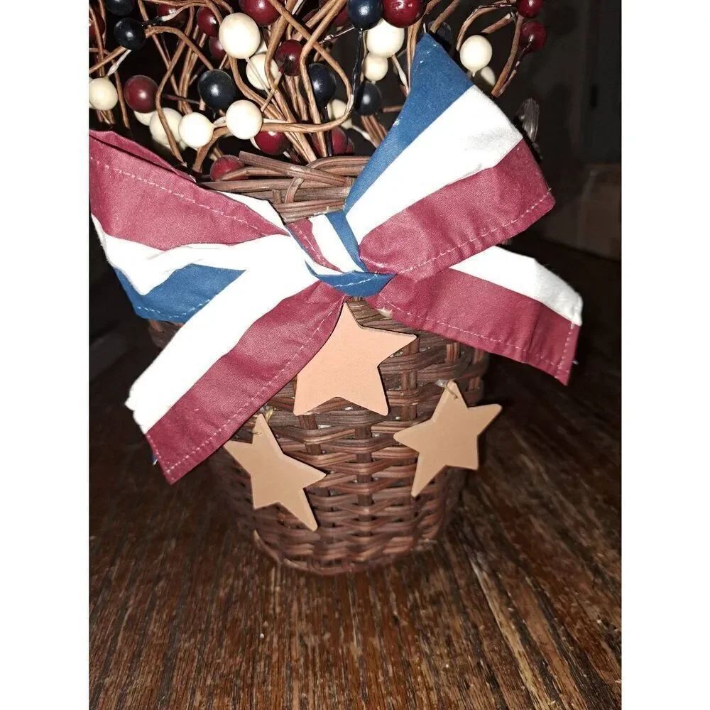 Vintage Handmade Patriotic Hanging Basket Ribbons Beads Flowers Farmhouse Rustic